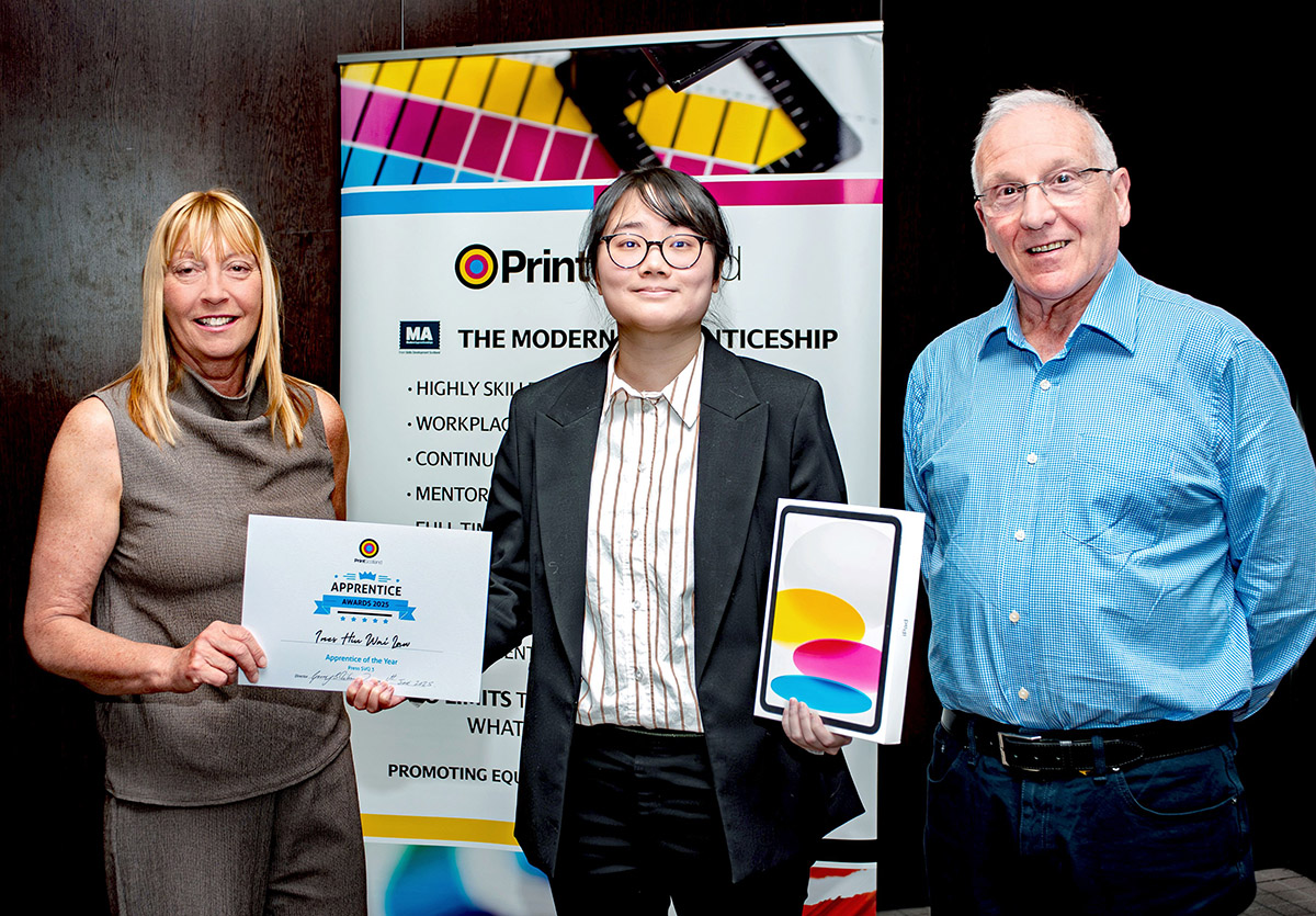 Left to right: Susan Graham, President of Print Scotland. Overall Apprentice of Year – Ines Hiu Wai Law, Spirit Labels Ltd.Jim McKenzie, Print Scotland’s Training Officer