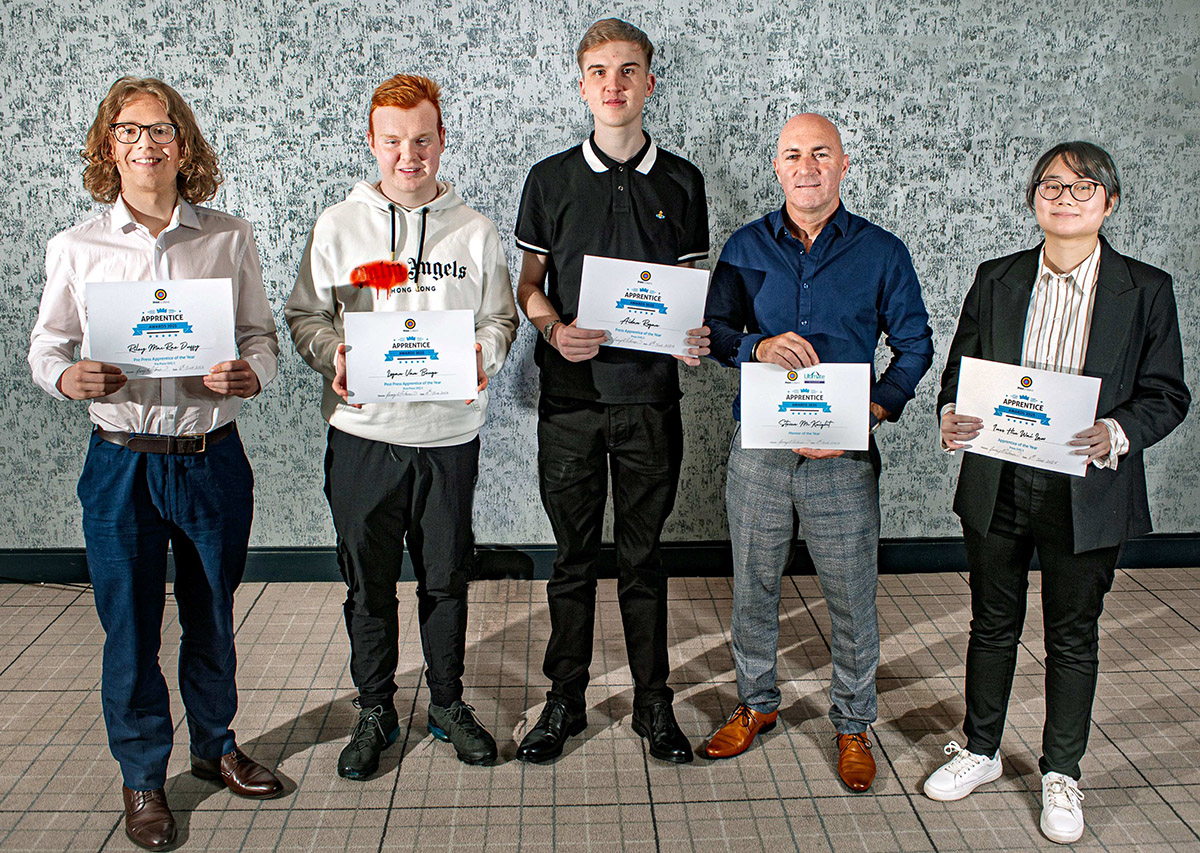 Winners group shot – from left to right: Pre-Press Apprentice of the Year – Riley MacRae Duffy, CX Services, Dunoon. Post-Press Apprentice of the Year - Logan Van Beuge, Push Print, Glasgow. Press Apprentice of the Year – Aidan Rogan, CCL Design, East Kilbride. Mentor of the Year – Steven McKnight, CCL Design, East Kilbride. Overall Apprentice of Year – Ines Hiu Wai Law, Spirit Labels Ltd, Renfrew.