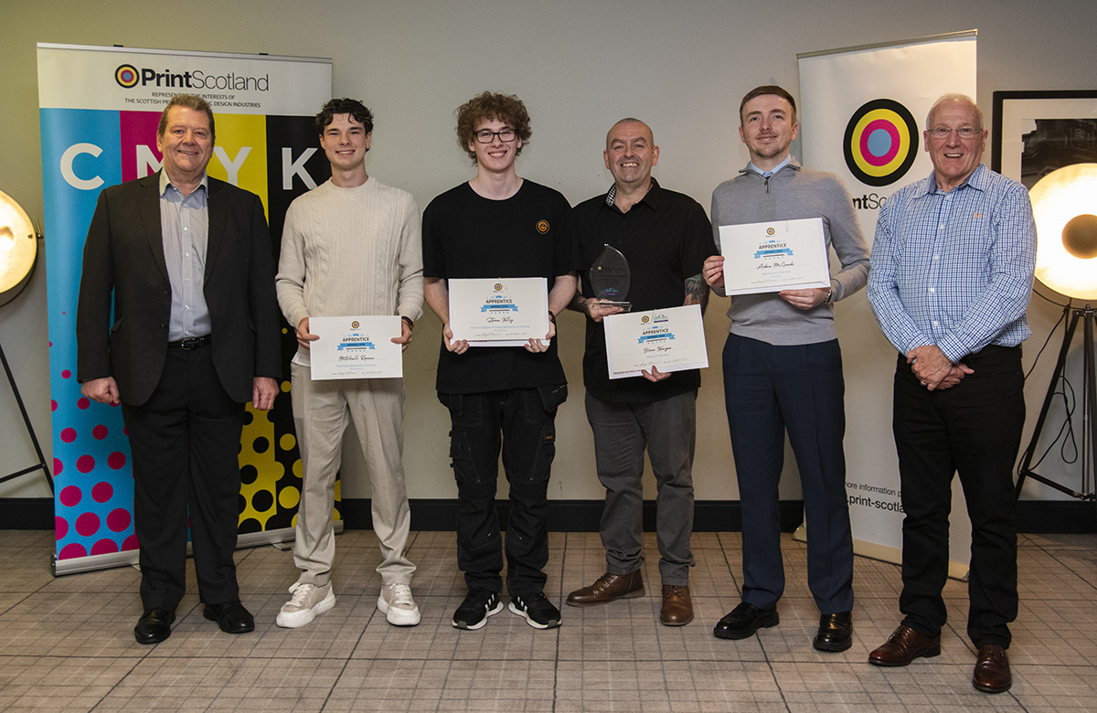 Garry Richmond, Print Scotland director; Mitchell Rowan; Steven Kelly; Brian Kenyon; Aidan McQuade; Jim McKenzie, training consultant. (Left to right)
